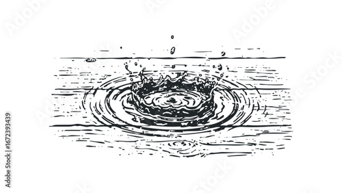 Black ink splash on textured wooden surface with ripples. Vector hand drawn illustration