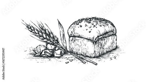 Hand-drawn sketch of a loaf of bread with wheat stalks and grains. Vector hand drawn illustration