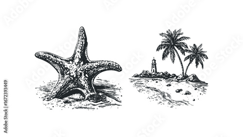 Detailed sketch of a starfish on sandy beach with palm trees and lighthouse island. Vector hand drawn illustration