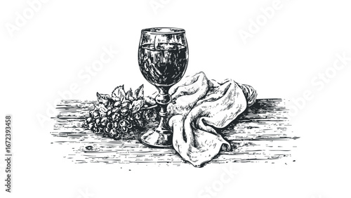 Still life of grapes, wine glass, and fabric on a wooden surface. Vector hand drawn illustration
