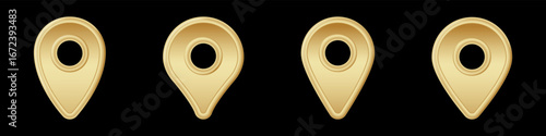 Four gold map pin icons are placed in a row, each featuring a simple rounded shape with a hollow center.