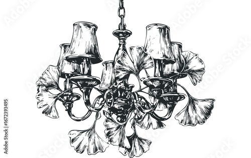 Ornate Chandelier with Ginkgo Leaf Accents Hand-Drawn Sketch. Vector hand drawn illustration