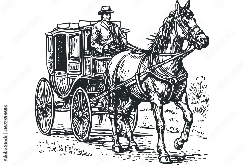 Obraz premium Man Driving Horse Drawn Carriage Through Grassy Field. Vector hand drawn illustration