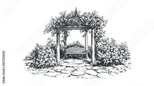 Ornate Garden Gazebo with Bench and Blooming Rose Bushes Sketch. Vector hand drawn illustration