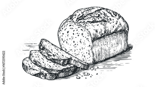 Loaf of Sliced Seeded Bread with Detailed Hand-Drawn Texture. Vector hand drawn illustration