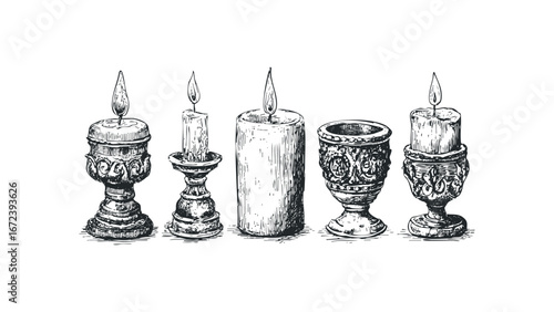 Group of five ornate antique candle holders with burning flames sketched on white background. Vector hand drawn illustration