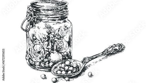 Vintage canning jar filled with berries and spoon with scooped berries. Vector hand drawn illustration