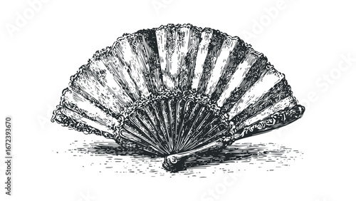 Ornate Victorian-era folding fan with intricate lace-like detail and decorative handle. Vector hand drawn illustration
