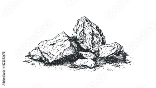 Roughly sketched pile of varied size rocks with grass and dirt detail. Vector hand drawn illustration