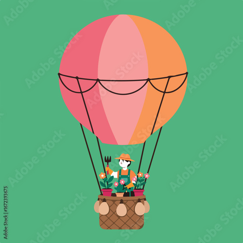 Gardener tending flowers inside a balloon flying in the sky
