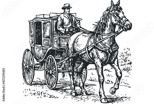 Man Driving Horse Drawn Carriage Through Grassy Field. Vector hand drawn illustration