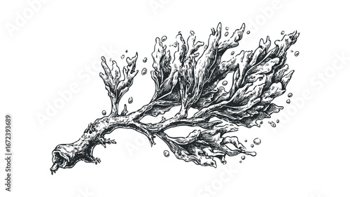 Detailed sketch of dark flowing seaweed with air bubbles in monochrome. Vector hand drawn illustration