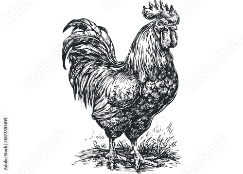 Detailed Pen and Ink Drawing of a Majestic Rooster Standing in Grass. Vector hand drawn illustration