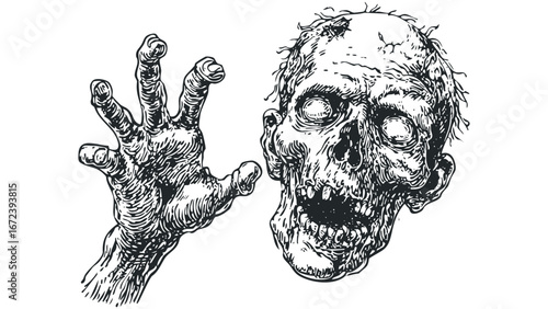Grim zombie hand reaching out next to decaying skull in monochrome sketch. Vector hand drawn illustration