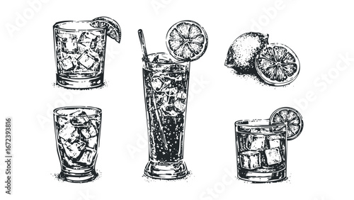 Group of Beverages with Ice and Citrus Slices Hand Drawn Style. Vector hand drawn illustration