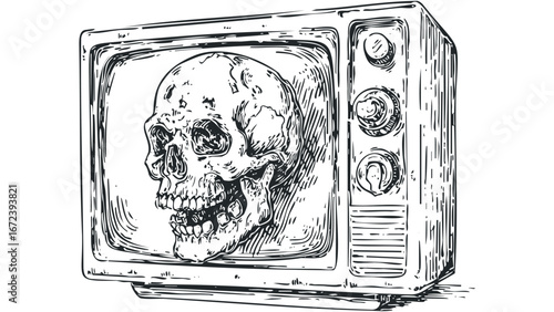 Vintage television displays a detailed human skull in a graphic sketch style. Vector hand drawn illustration