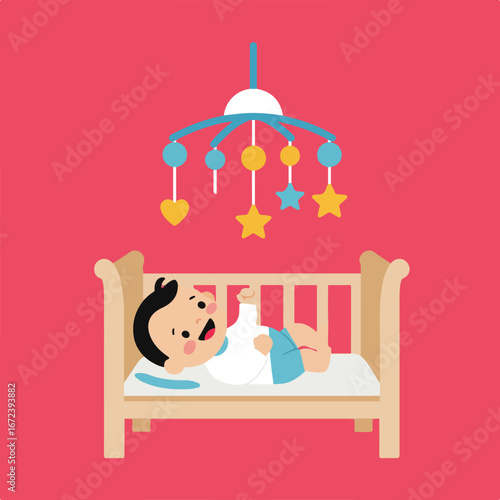 Infant Gazing Up At Mobile While Lying In Crib Nursery