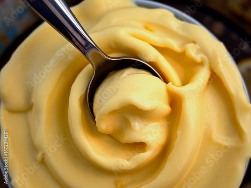 Spoonful of creamy yellow butter in a bowl with a smooth texture
