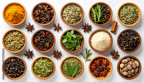 Kitchens dried herbs and spices in bowls on white table surface