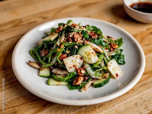 Crisp green salad with cucumbers, nuts, and mixed greens on a white plate