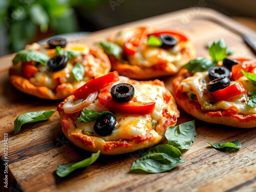 Delicious mini pizzas topped with olives, peppers, and fresh basil on a wooden board