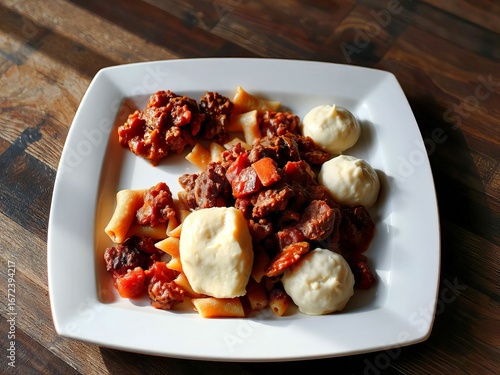 Plate of hearty stew with dumplings and vegetables on a wooden table
