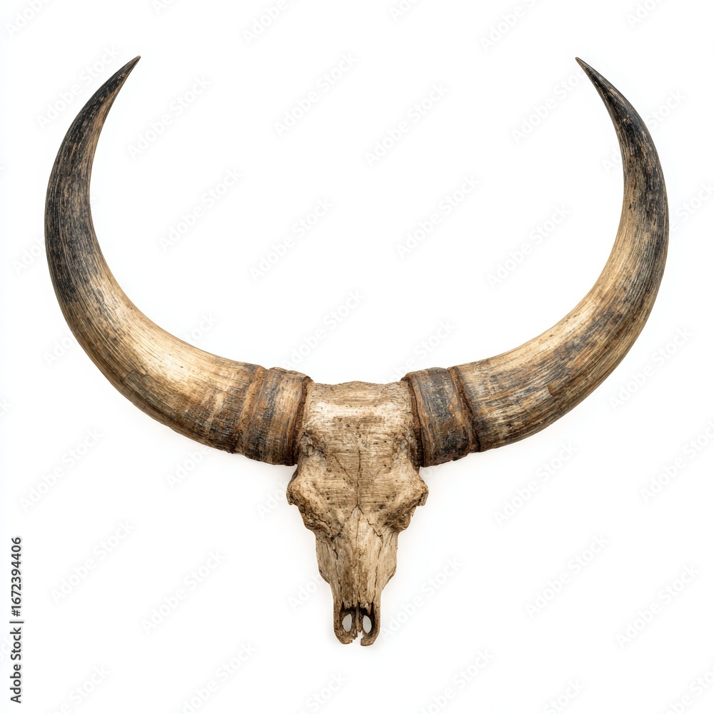 Fototapeta premium A detailed close-up shot of a bull skull with large, curving horns against a clean backdrop. The skull is a light, natural bone color, with shades of brown on the horns