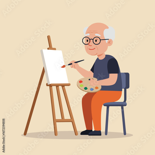Senior Man Painting on Canvas, Indoors, Creative Hobby, Artistic Pursuits