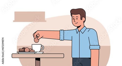 A Man Enjoying A Biscuit And Coffee With A Relaxed Facial Expression
