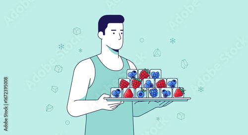 A Man Presenting Frozen Berries On A Tray In A Clean, Minimalist Illustration Style