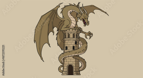 Dragon Perched on Tower, Guarding the Fortress