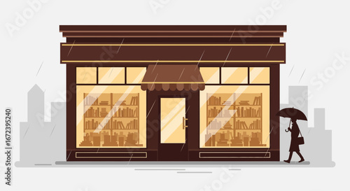 A Charming Bookstore Facade With Person Walking Under Umbrella in Rainy Cityscape