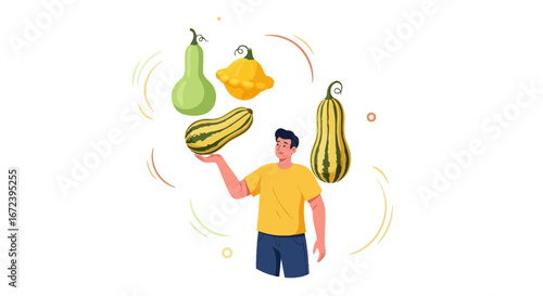 A Person Balancing Varied Autumnal Gourds in Playful and Engaging Composition