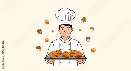 A Cheerful Baker Presenting Freshly Baked Muffins with Delightful Background Design