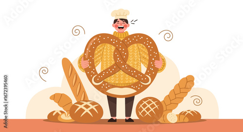 A Cheerful Baker Showcasing Delicious Artisan Breads and Pretzel in a Delightful Illustration