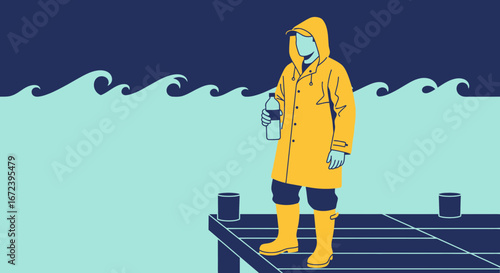 A Person In Yellow Coat Looking At The Sea, Holding A Bottle Of Water
