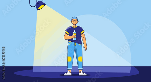 A Person Is Illuminated By A Spotlight, Holding A Water Bottle In Hand