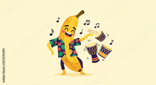A Cheerful Banana Character Playing Drums With Musical Notes in Joyful Harmony