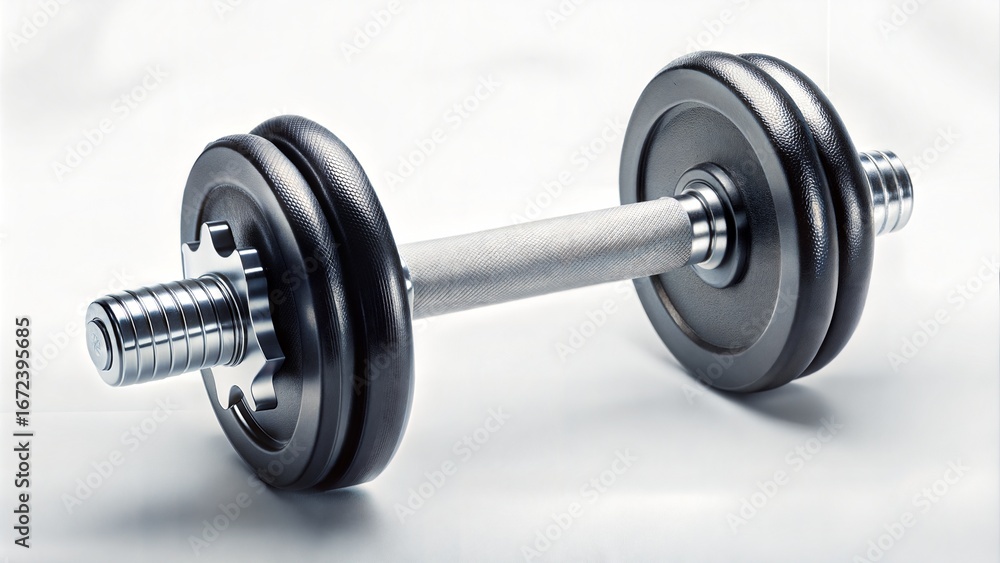 Naklejka premium Close-up of a Silver and Black Dumbbell on a White Background