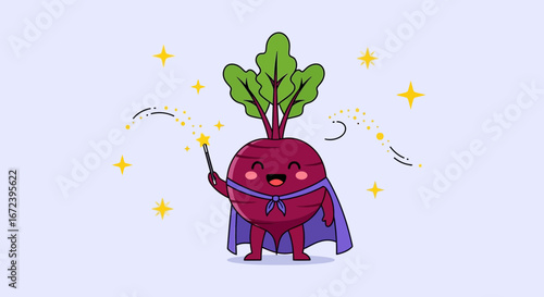 A Cheerful Beetroot, Dressed In A Cape, Wielding Magic With Sparkling Stars Around