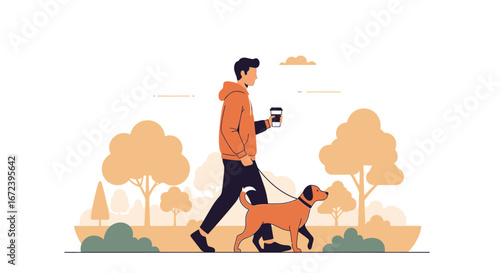 A Person Walks Their Dog While Drinking Coffee In A Beautiful Park Setting