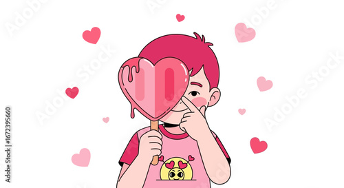 A Cheerful Boy Holding Heart-Shaped Ice Cream and Surrounded by Hearts