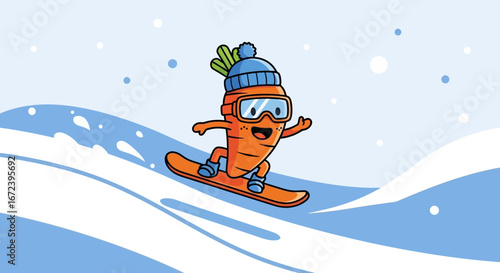 A Playful Carrot Character snowboarding down a snowy mountain in a cheerful illustration