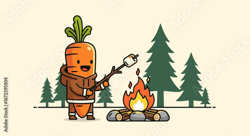 A Cheerful Carrot Roasting Marshmallow Over Campfire In The Forest Having Fun