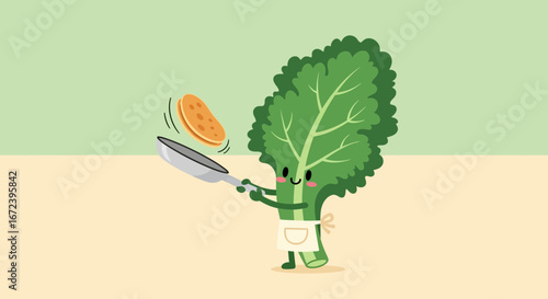 A Cheerful Cartoon Leaf Character Cooking Pancakes Outdoors, Serving Delightful Breakfast Concepts
