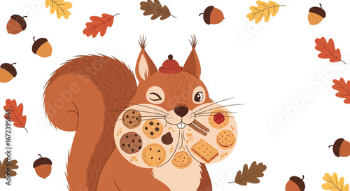 A Playful Squirrel Adorned With Cookies And Autumnal Elements In Whimsical Style