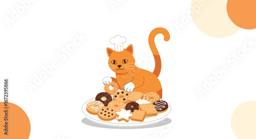 A Cheerful Cat Chef Proudly Presents Delicious Baked Treats Fresh From The Oven