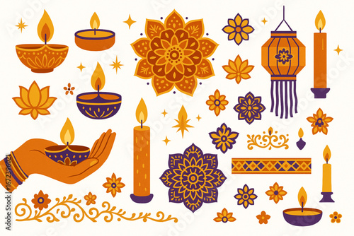 Flat Vector Illustration Set of Diwali and Indian Festival Icons with Diyas, Mandalas, and Lanterns
