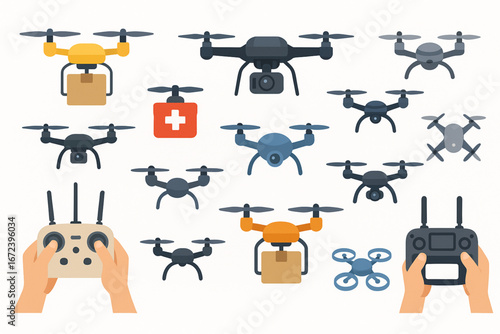 Flat Vector Illustration Set of Drones and Quadcopters for Delivery, Rescue, and Surveillance