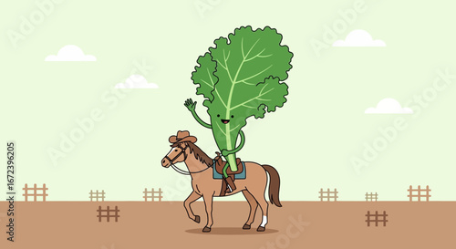 A Cheerful Kale Character Rides a Horse, Promoting Healthy Eating and Fun